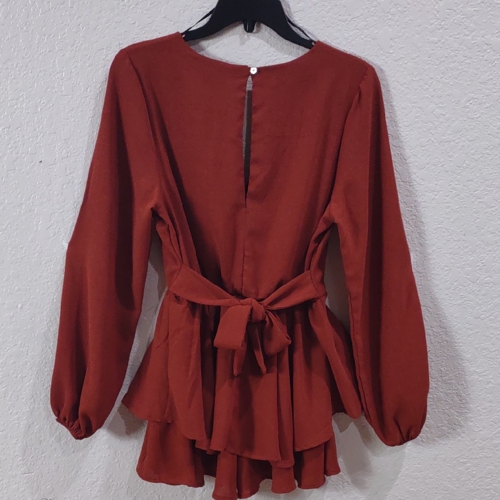 Altar'd State Rust Long Sleeve Peplum Jumpsuit. - Picture 7 of 17